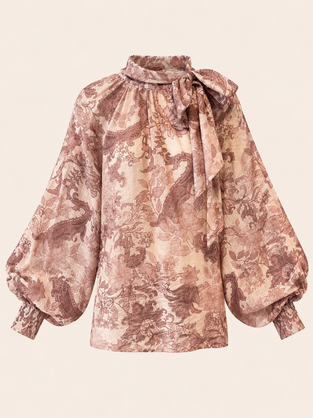 Relaxed Fit Paisley Bow Neck Blouse With Balloon Sleeves