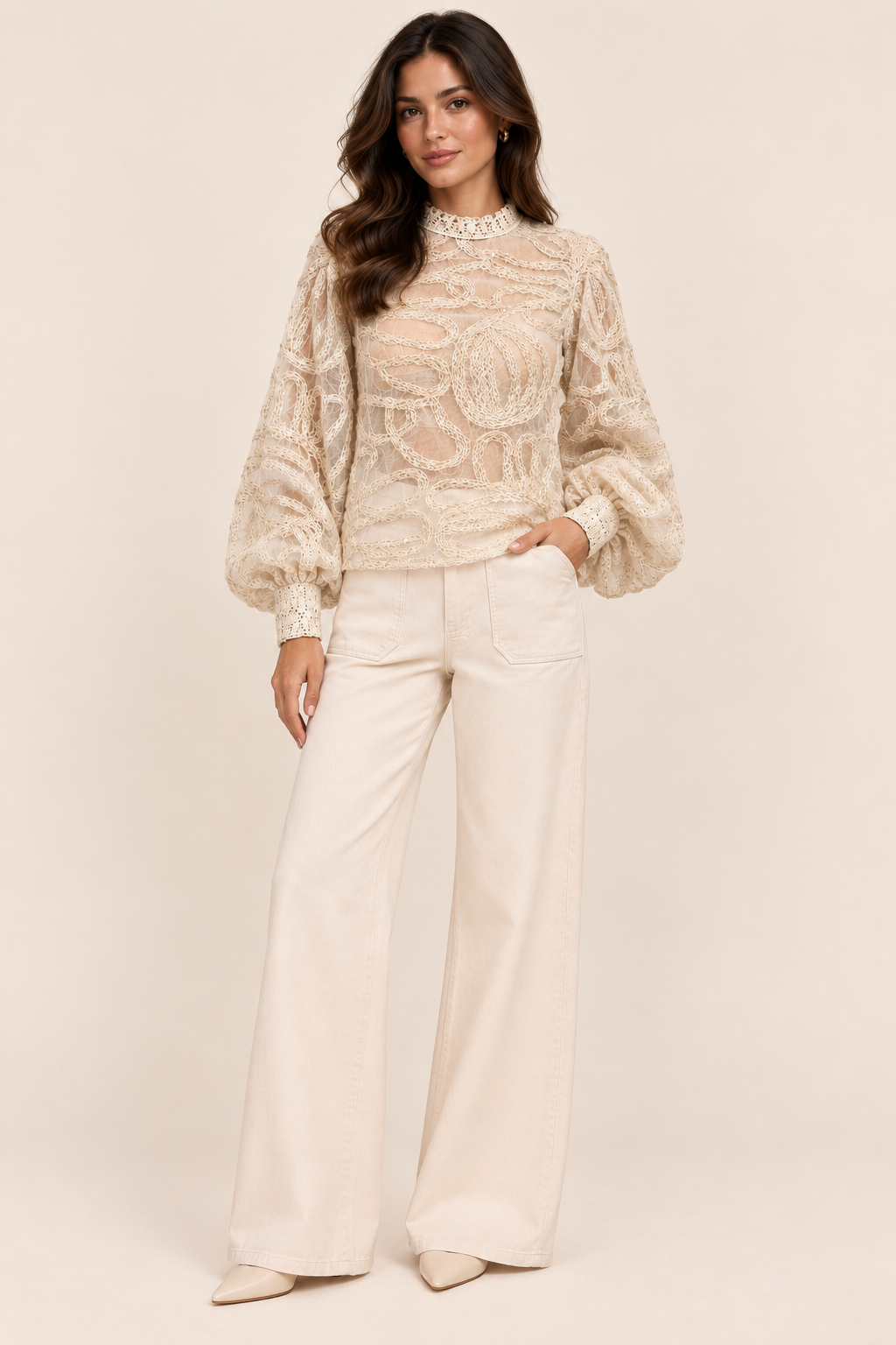 Ivory Sheer Embroidered Sequin Blouse With Balloon Sleeves