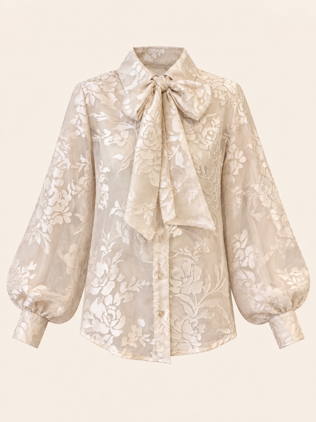 Ivory Sheer Floral Jacquard Bow Blouse