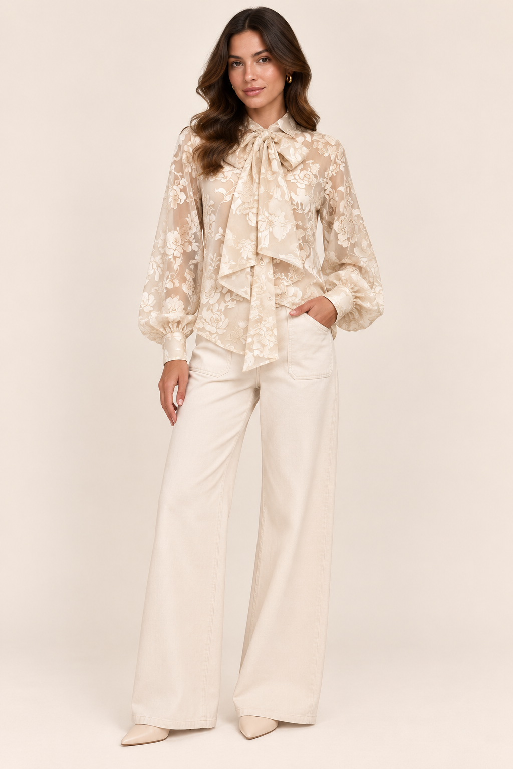 Ivory Sheer Floral Jacquard Bow Blouse