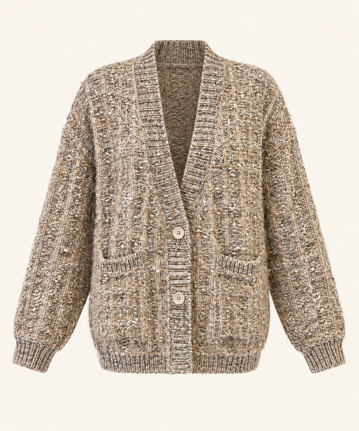 Relaxed Fit Textured Melange Knit Cardigan With Pockets - Taupe & Beige