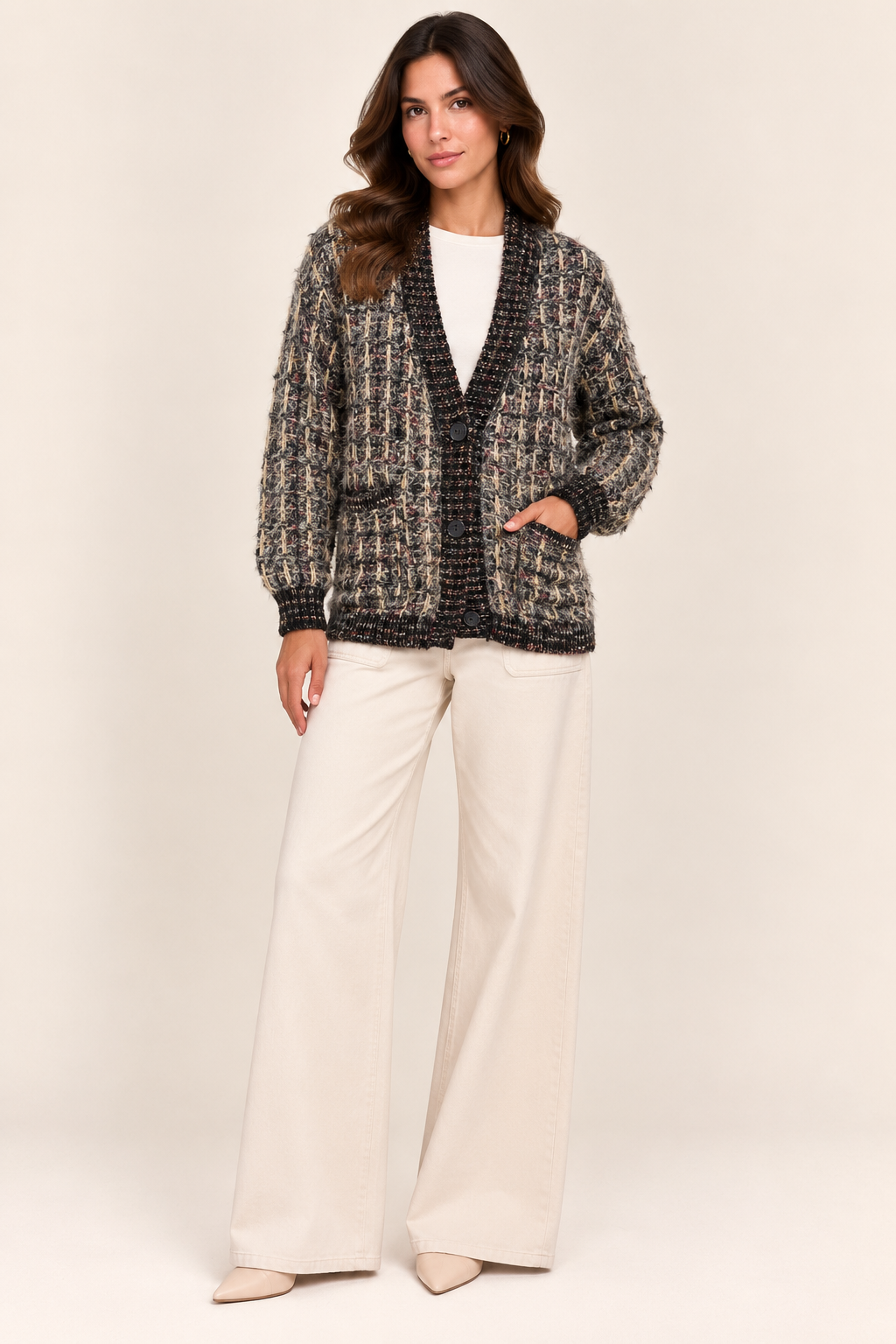 Relaxed Fit Women's Brown & Beige Textured Knit Cardigan With Pockets