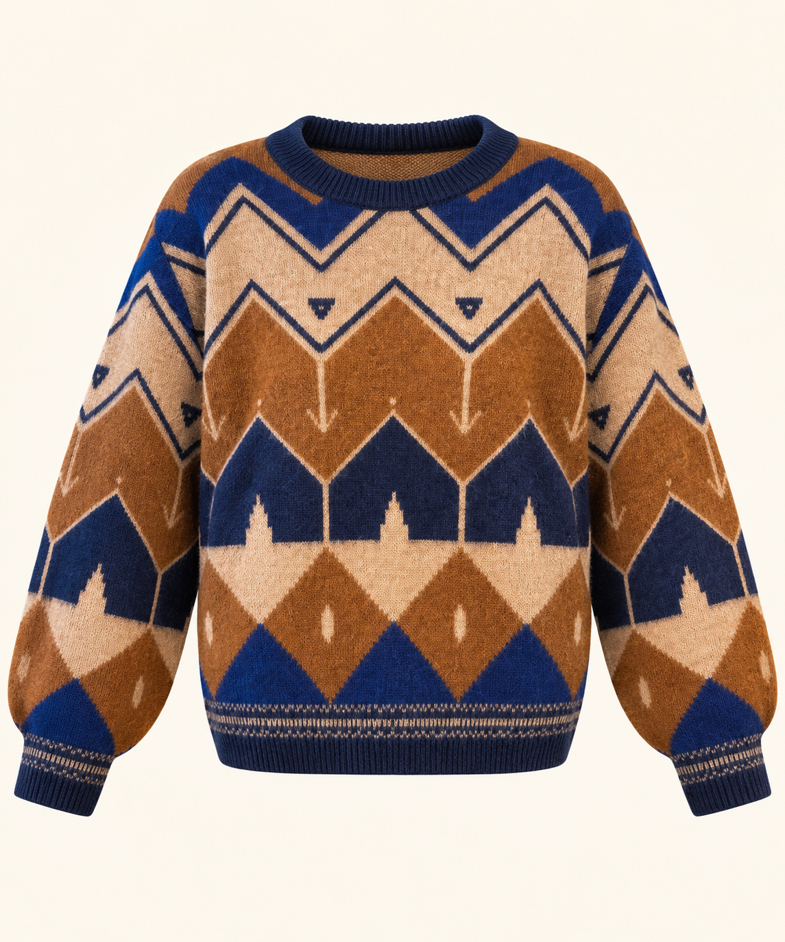 Women's Geometric Jacquard Knit Sweater - Navy, Camel & Beige