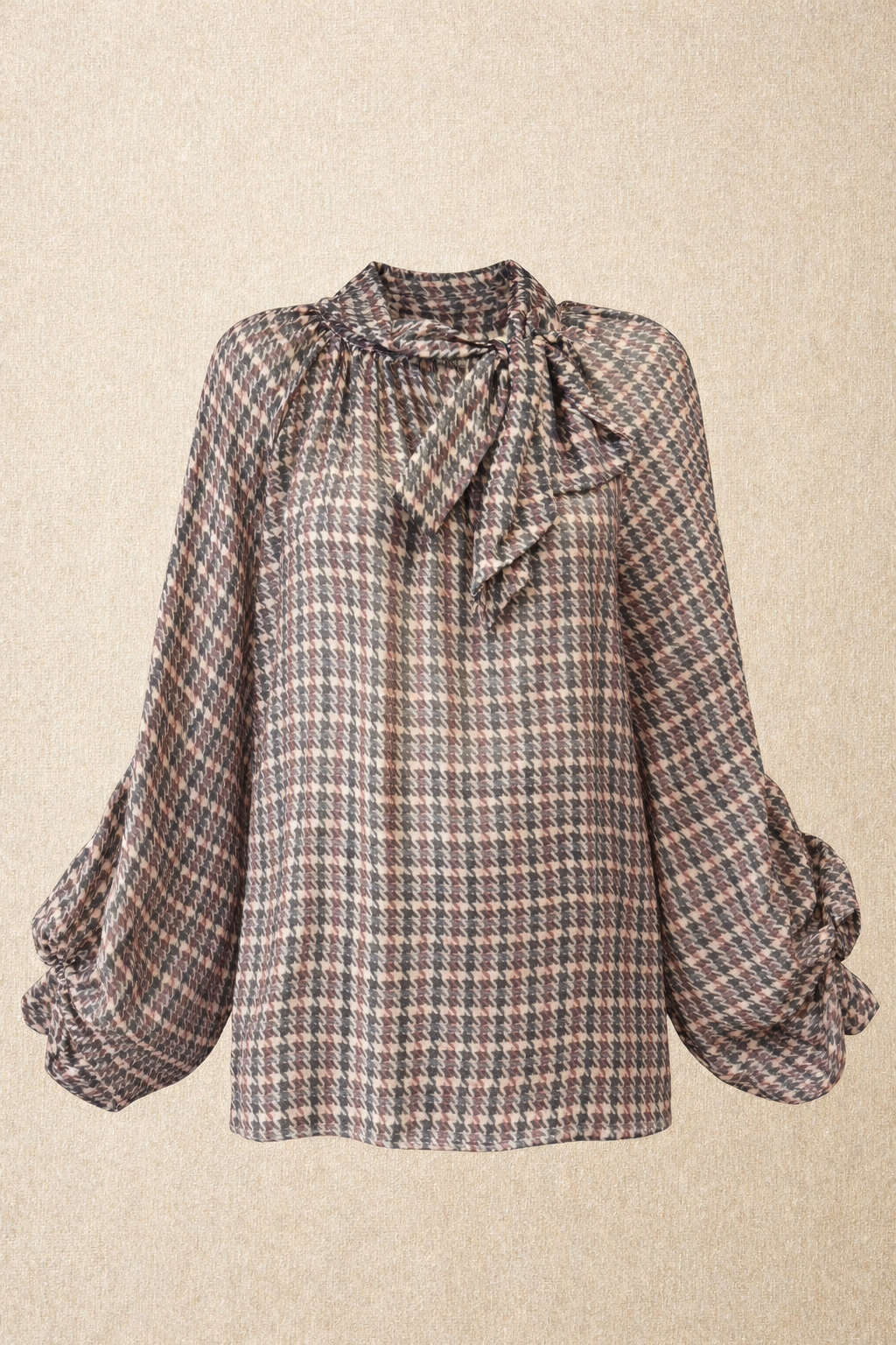 Soft Houndstooth Blouse with Bow Detail