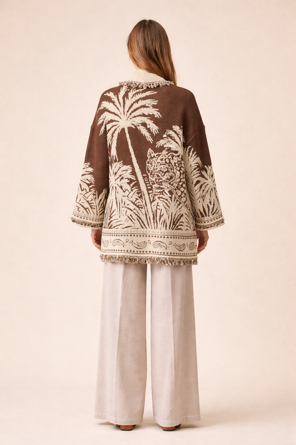 Palm Jacquard Belted Oversized Cardigan - Beige & Brown Boho Knit Jacket