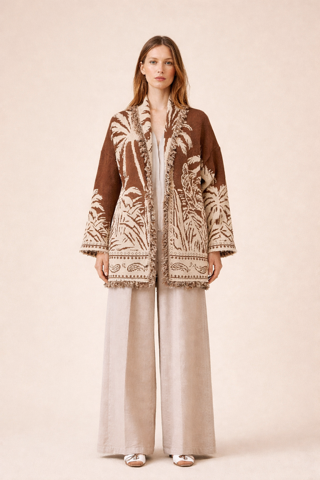 Palm Jacquard Belted Oversized Cardigan - Beige & Brown Boho Knit Jacket