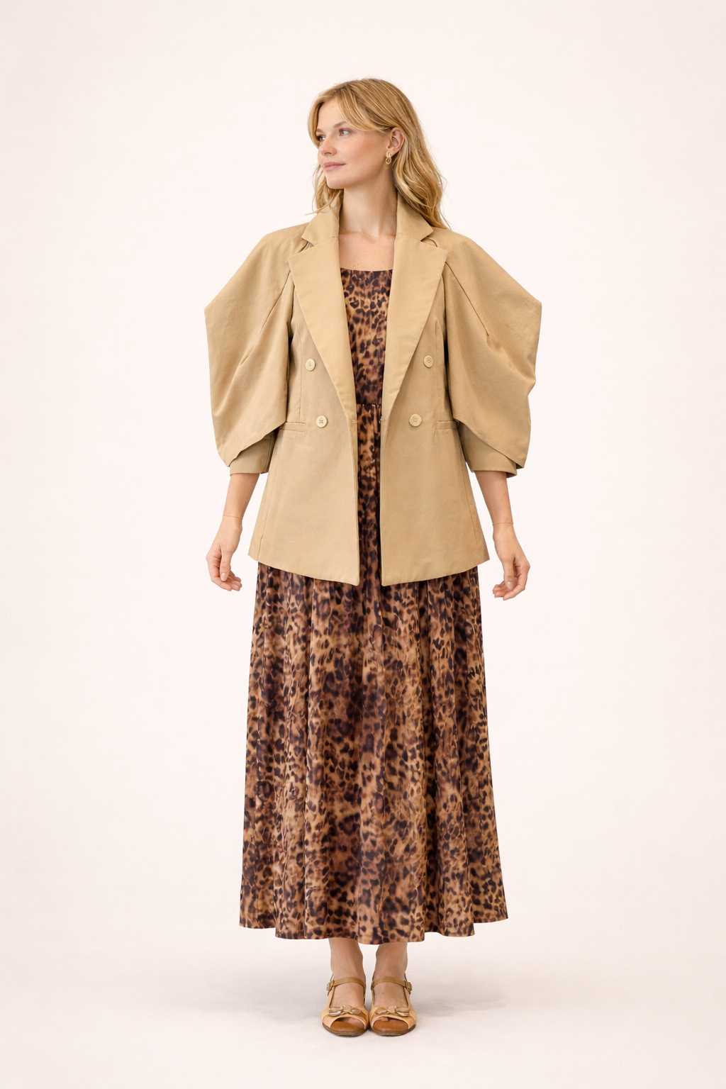 Relaxed Fit Beige Statement Blazer with Puff Sleeves - Elegant Tailored Jacket