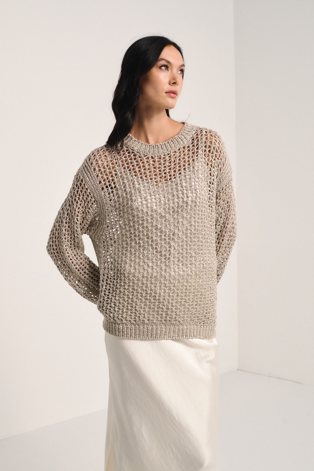 Relaxed Fit Beige Open Knit Sequin Sweater – Lightweight Crochet Knit Pullover