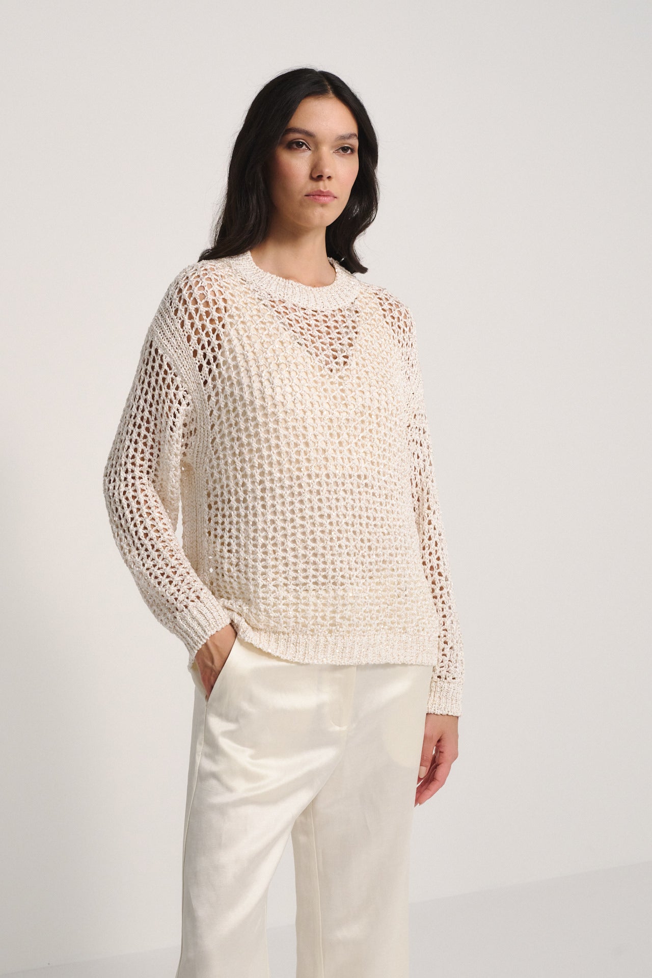 Relaxed Fit Cream Open Knit Sequin Sweater – Lightweight Crochet Knit Pullover
