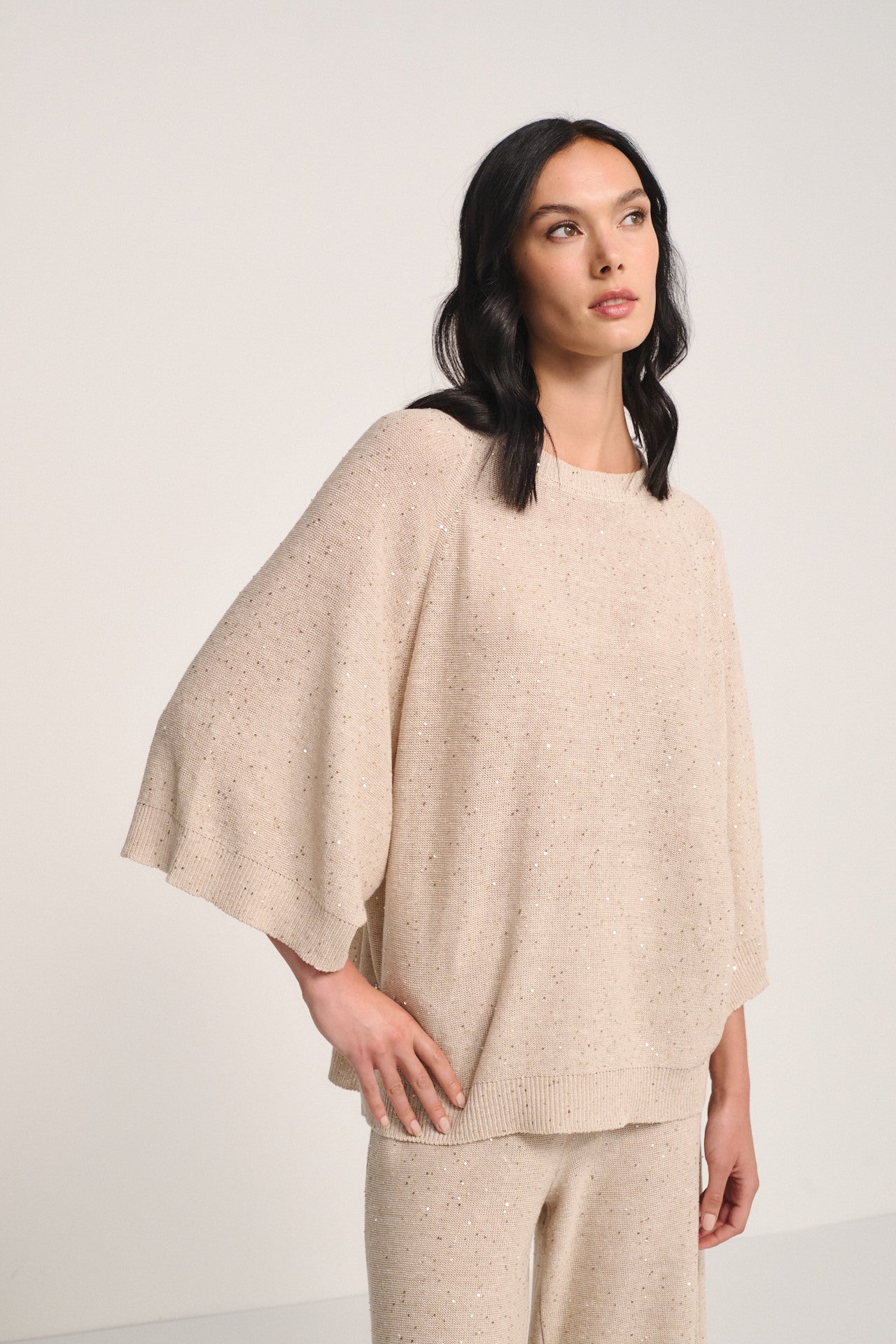 Champagne Sequin Knit Top – Luxury Relaxed Fit Batwing Sweater