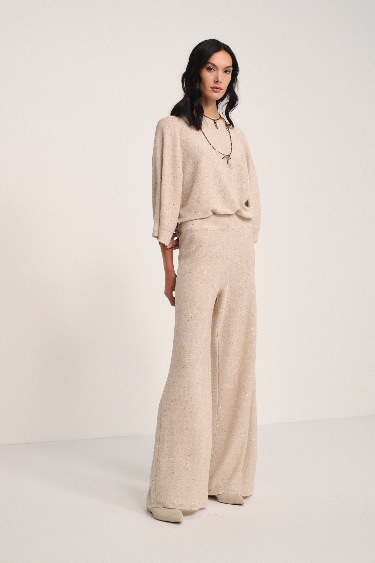 Champagne Sequin Wide-Leg Trousers – Luxury High-Waist Knit Pants