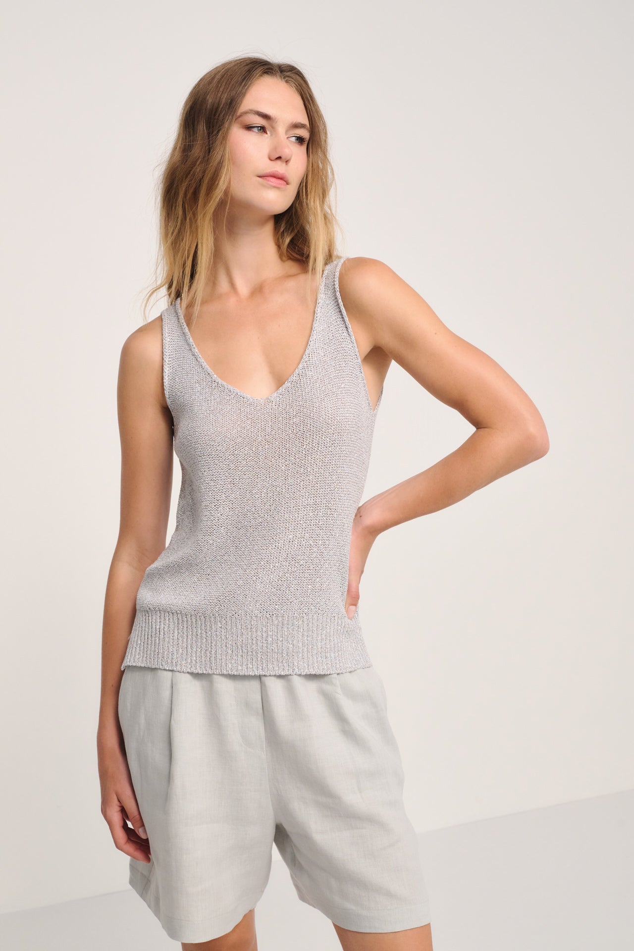 Silver Grey Light Blue Knit Camisole with Subtle Sequins - Lightweight Luxe Tank Top