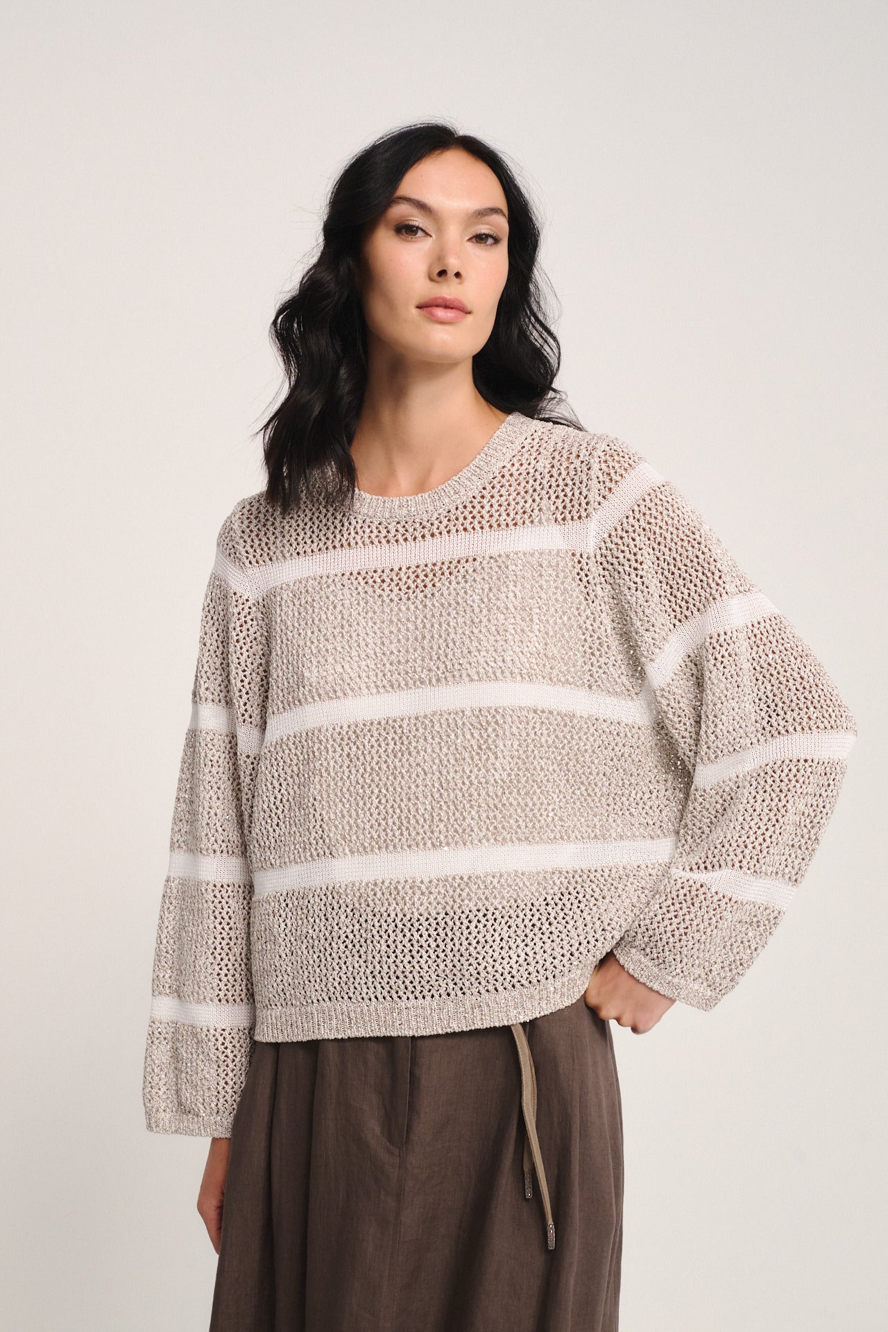 Relaxed Fit Beige Open-Knit Sequin Sweater - Lightweight Luxe Knit Top