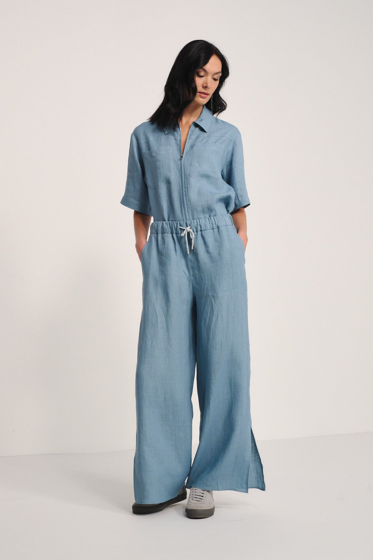 Light Blue Linen Wide-Leg Trousers - Relaxed Fit Summer Pants