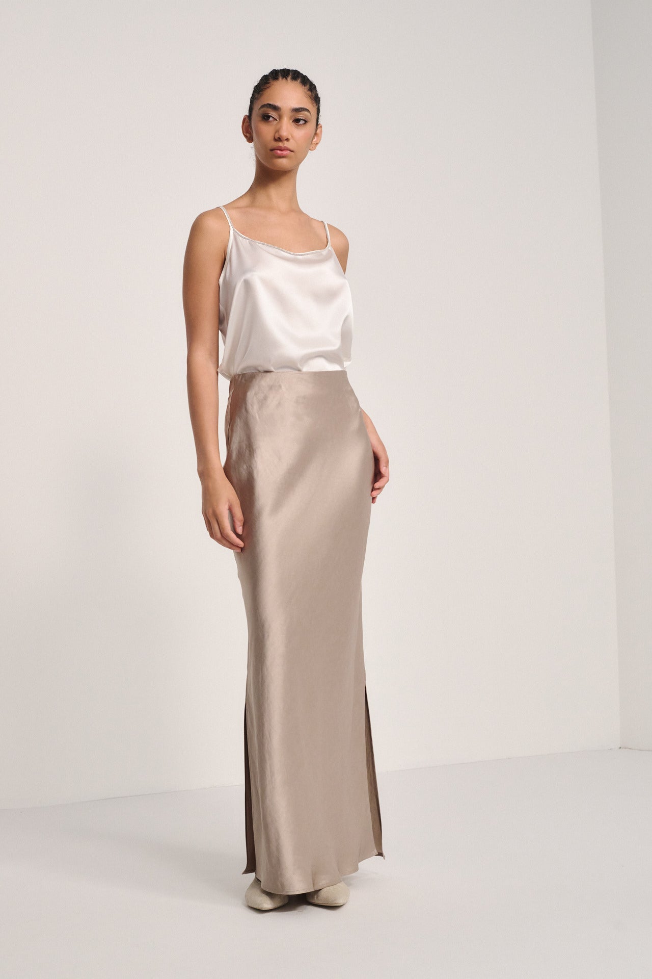 Champagne Satin Maxi Skirt with Side Slit – Elegant High-Waisted Luxury Skirt