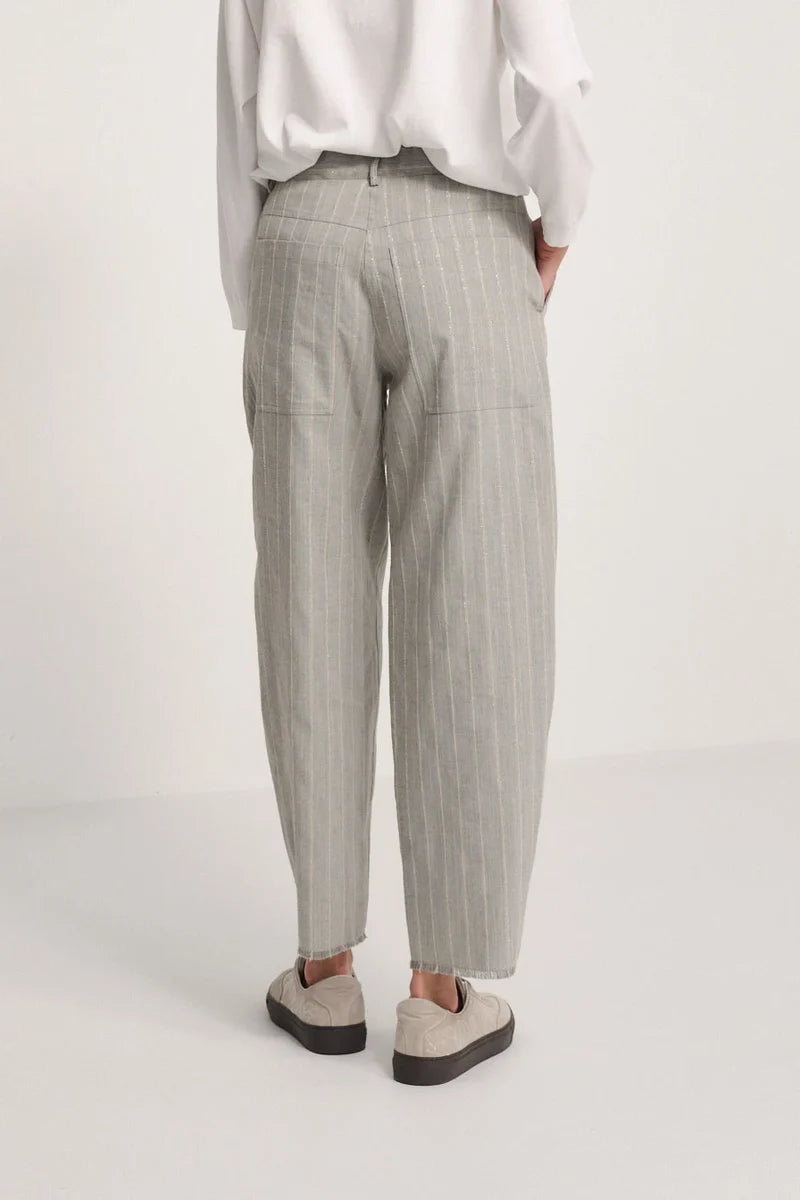 Grey Linen Pinstripe Trousers with Subtle Gold Shimmer - Relaxed Fit Trousers