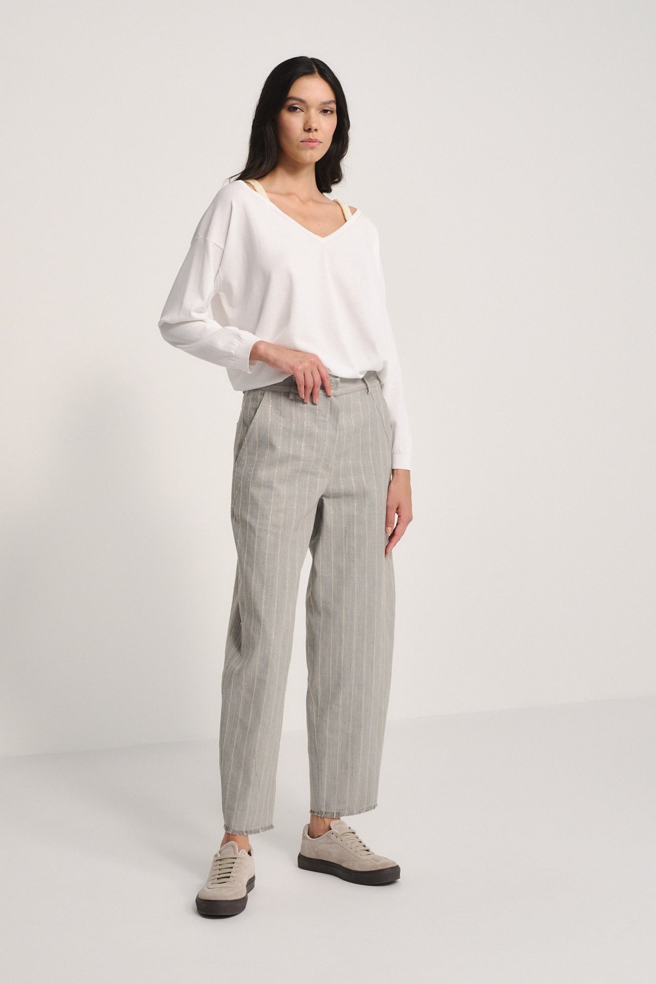 Grey Linen Pinstripe Trousers with Subtle Gold Shimmer - Relaxed Fit Trousers