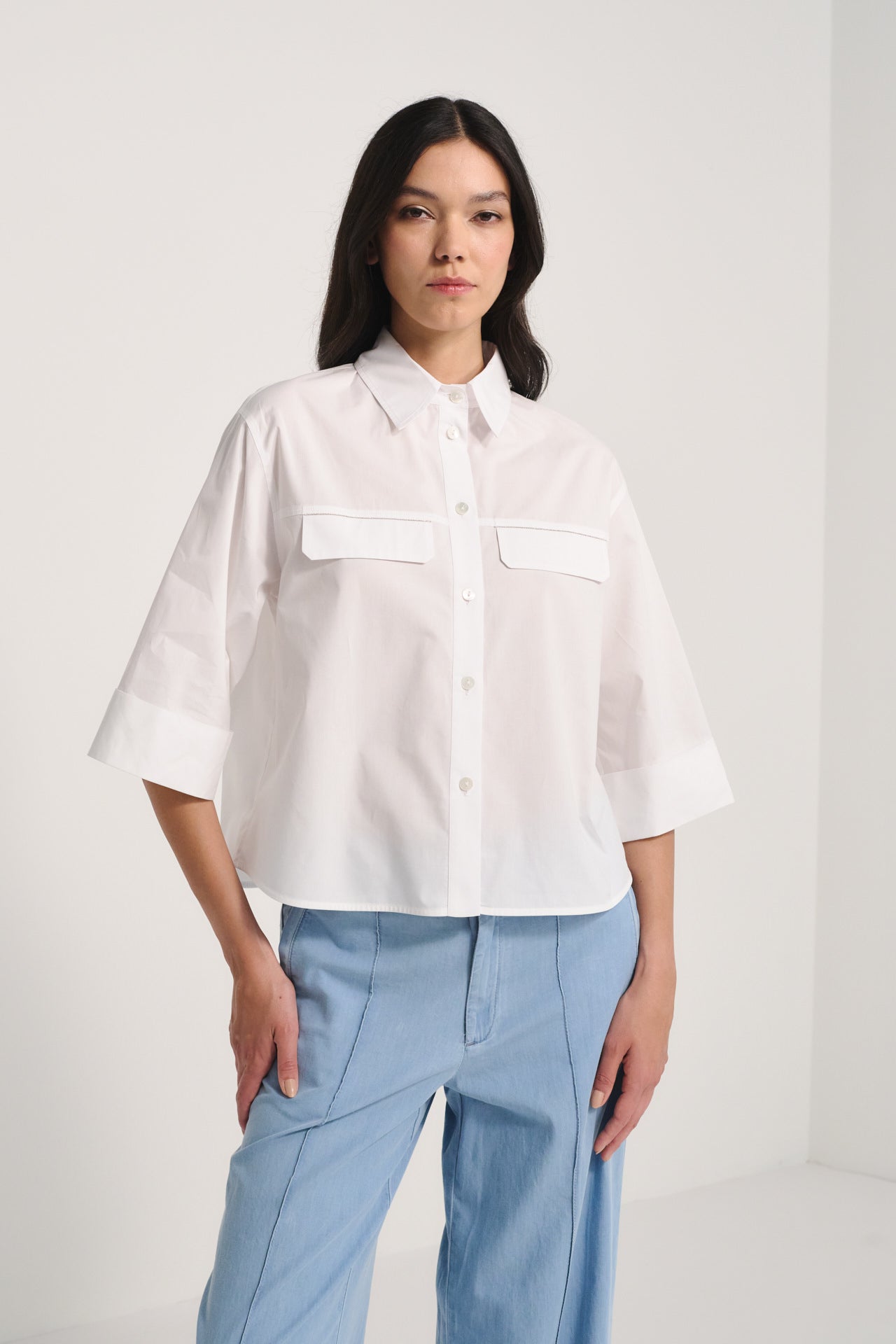 White Cotton Button-Up Shirt with Monili - Relaxed Fit Short Sleeve Blouse