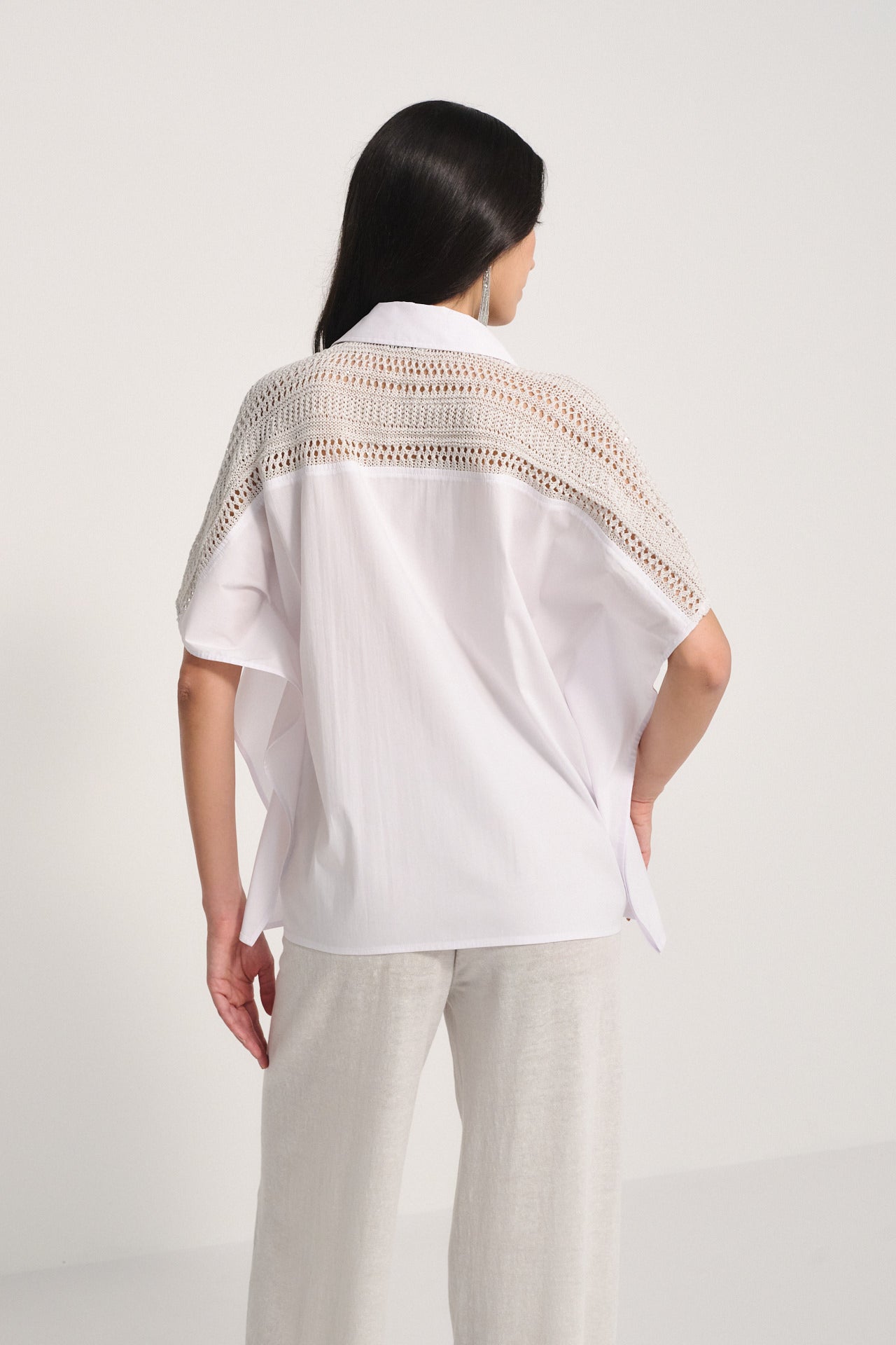 White Cotton Shirt with Knit Sequin Detail - Luxe Crochet Shoulder Blouse