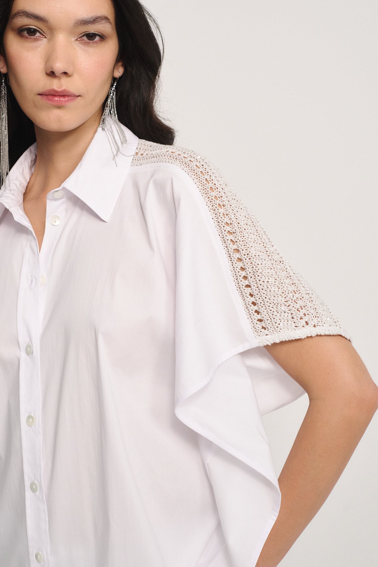 White Cotton Shirt with Knit Sequin Detail - Luxe Crochet Shoulder Blouse