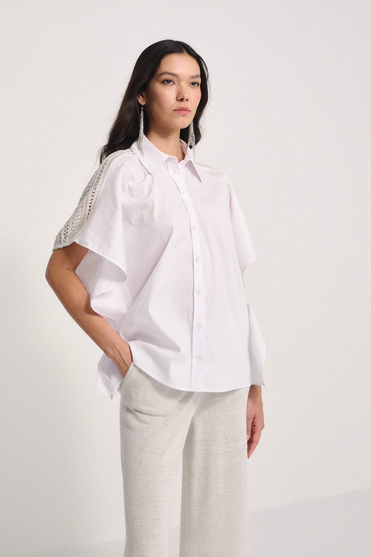 White Cotton Shirt with Knit Sequin Detail - Luxe Crochet Shoulder Blouse