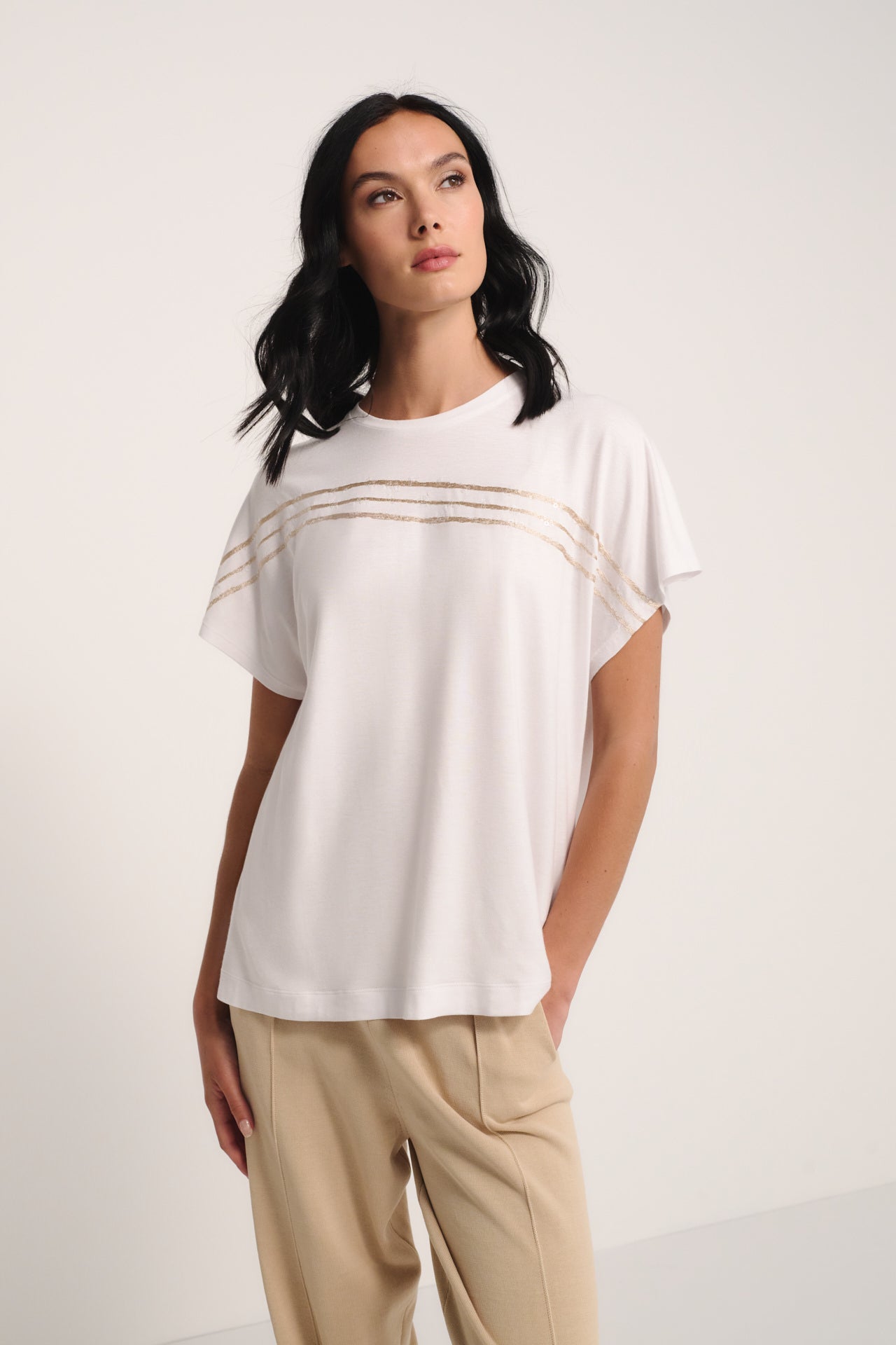 White Relaxed T-Shirt with Gold Foil Stripes – Soft Premium Casual Top