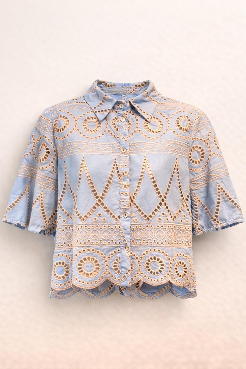 Sky Blue Broderie Anglaise Shirt - Lightweight Short Sleeve Lace Cotton Blouse