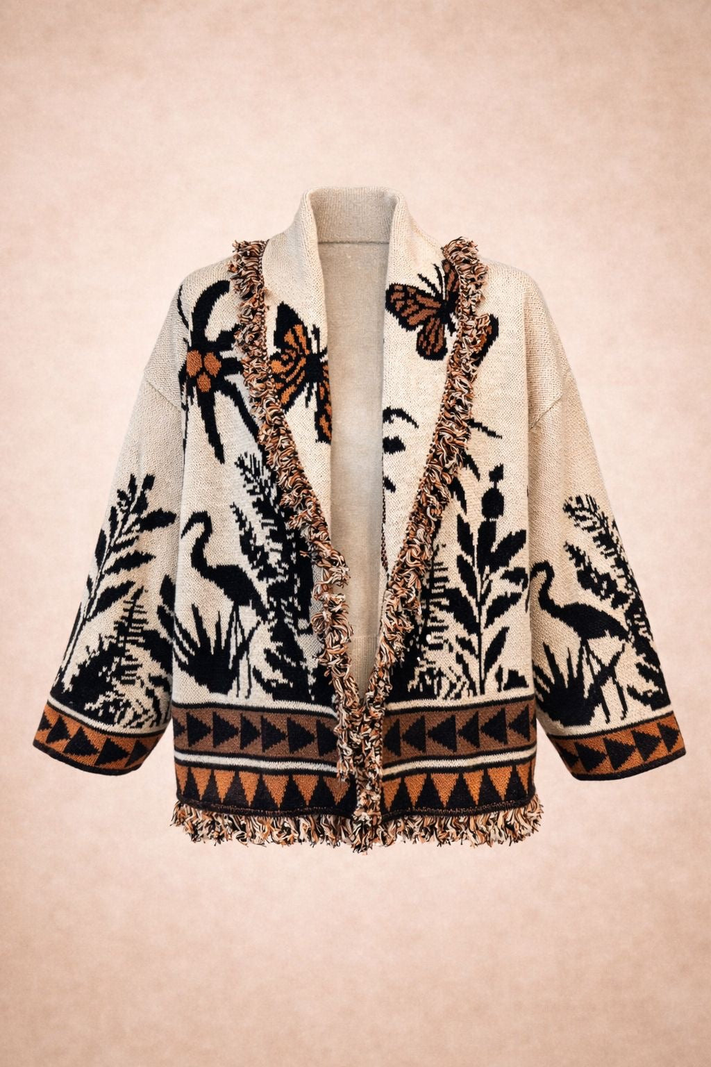 Palm Jacquard Oversized Cardigan - Cream & Black Boho Statement Knit