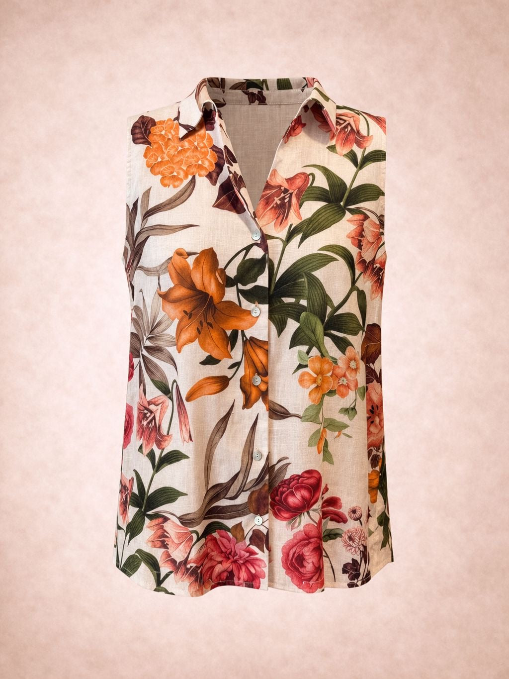 Sleeveless Floral Shirt - Elegant Lightweight Button-Up Blouse