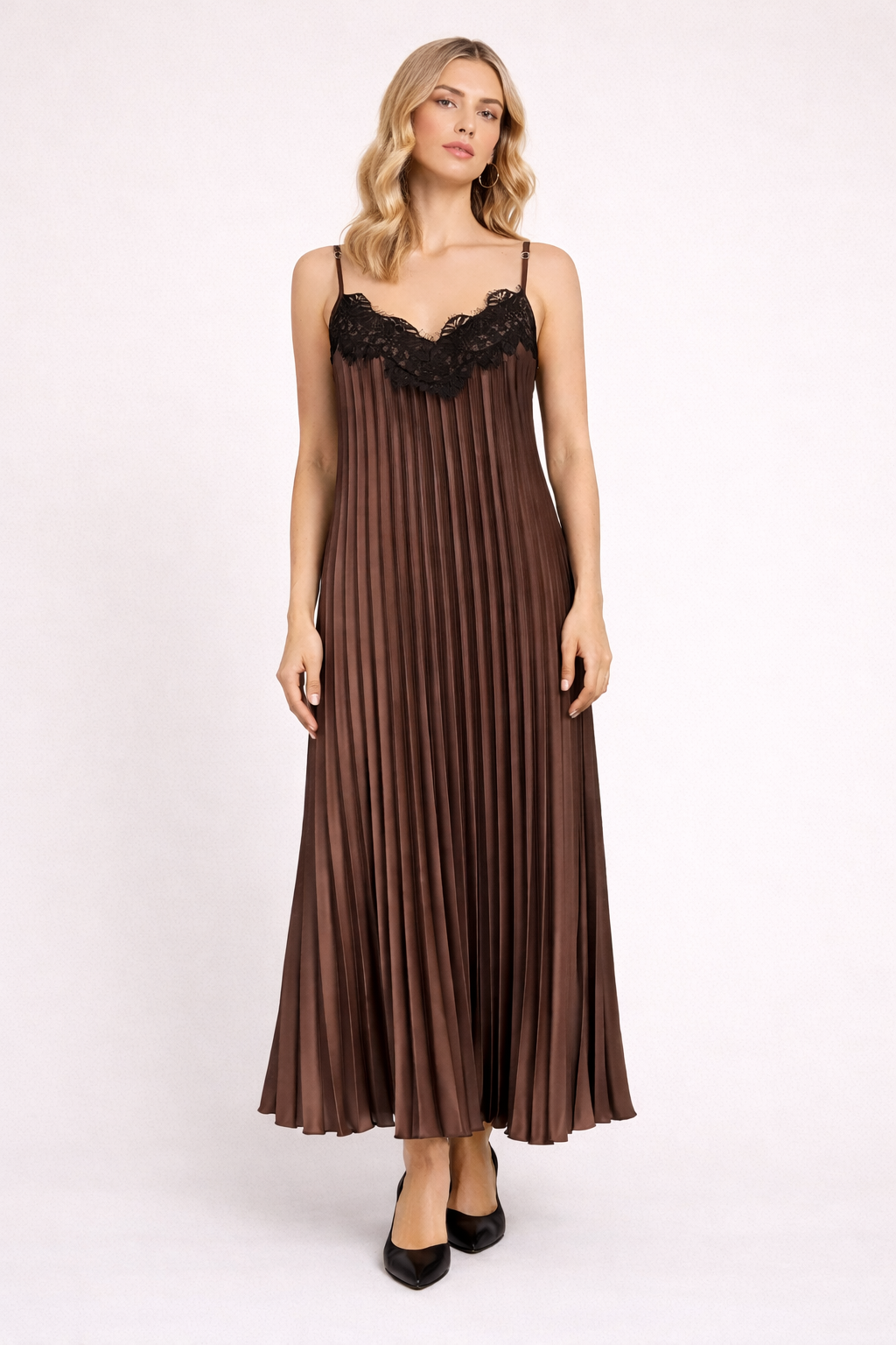 Chocolate Brown Pleated Maxi Dress with Lace Trim