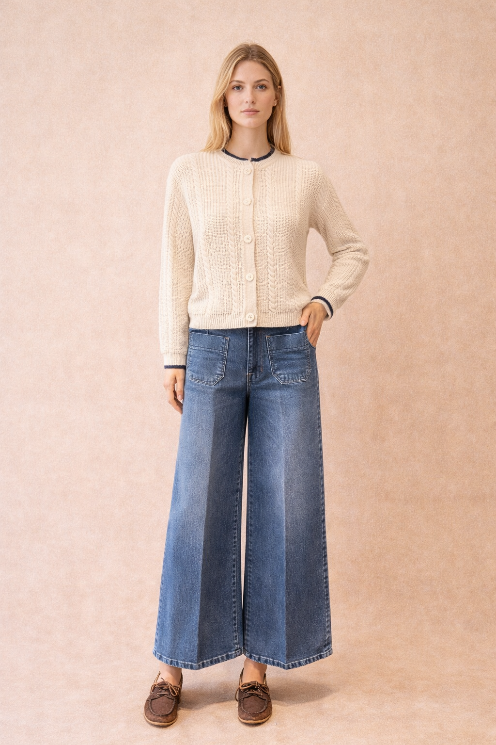 White Cable Knit Cardigan With Navy Trim - Women's Button Front Sweater
