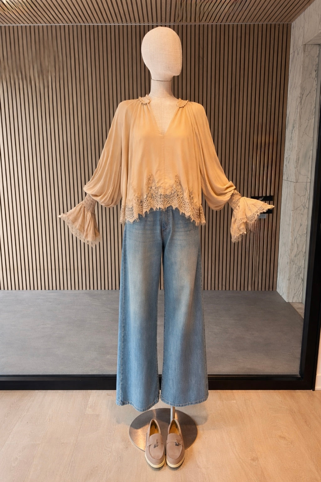 Oversized Beige Lace Trim Blouse - Elegant Long Sleeve Boho Top