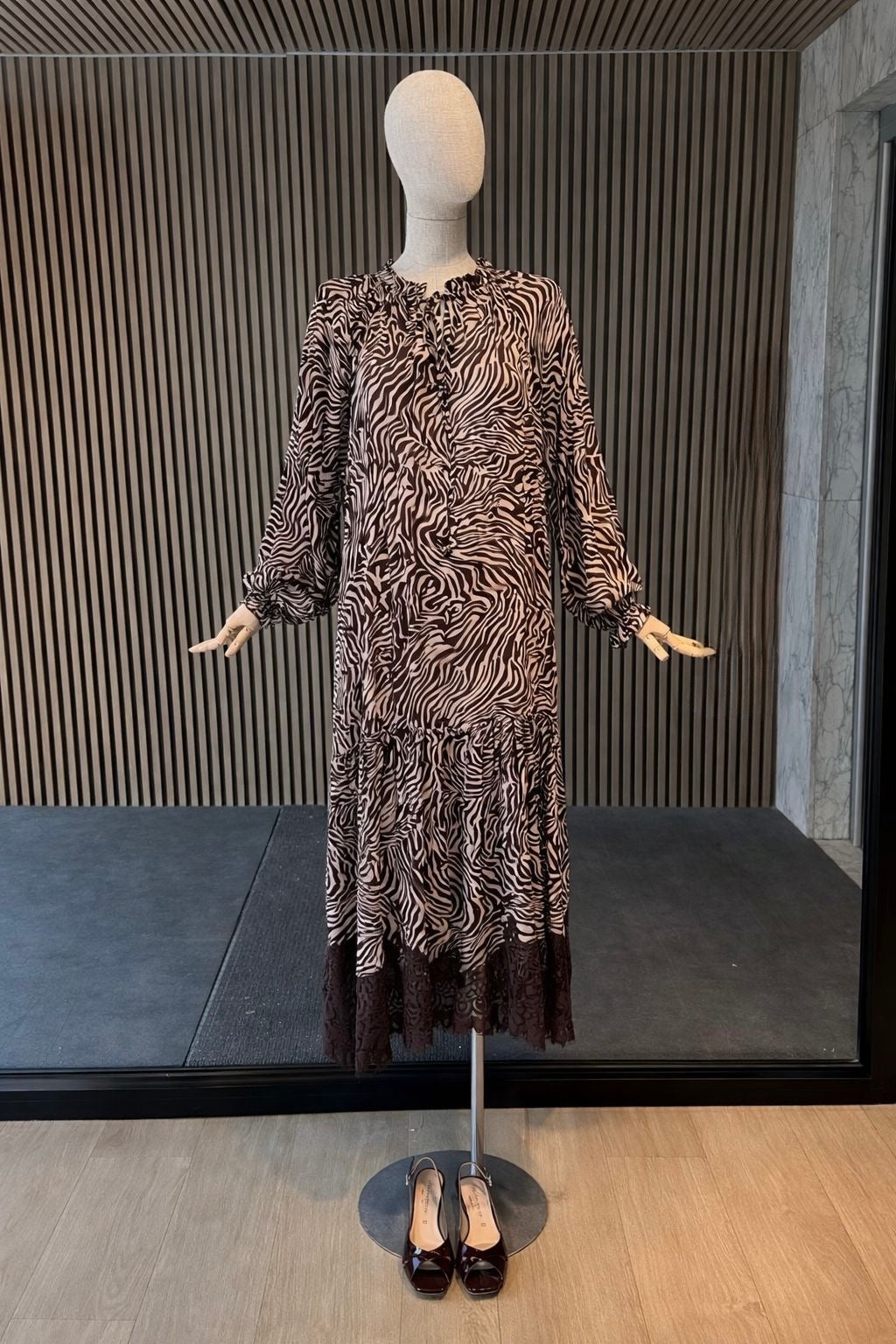 Zebra Print Maxi Dress - Brown Boho Tiered Midi with Lace Hem