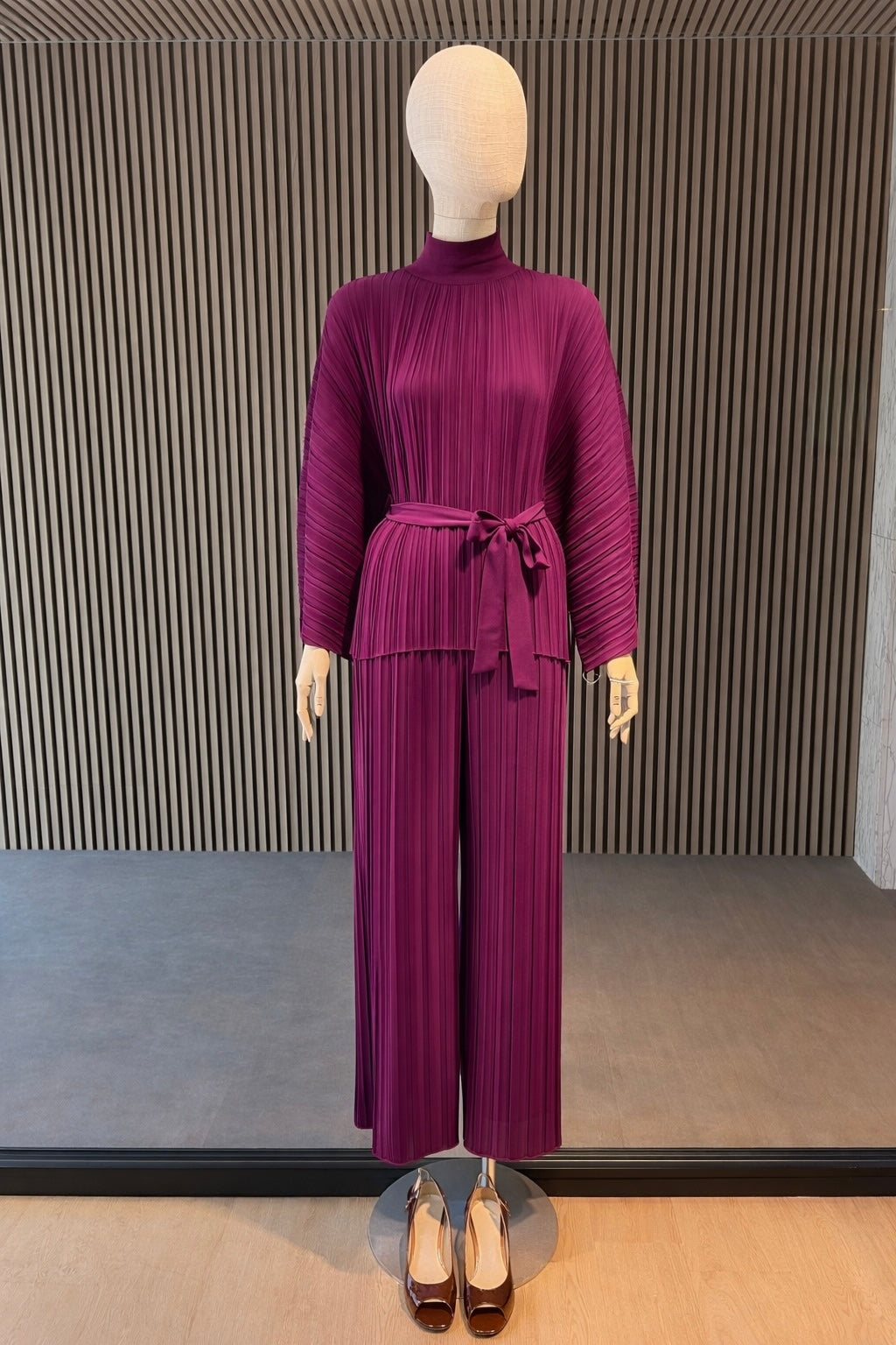 Burgundy Pleated Relaxed Fit Belted Top