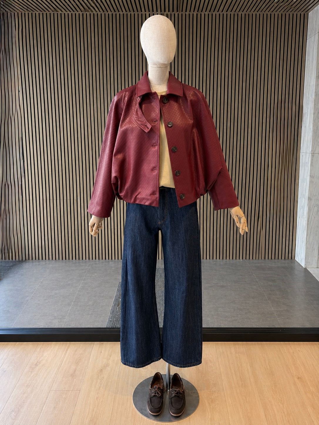 Burgundy Textured Cropped Eco Leather Jacket