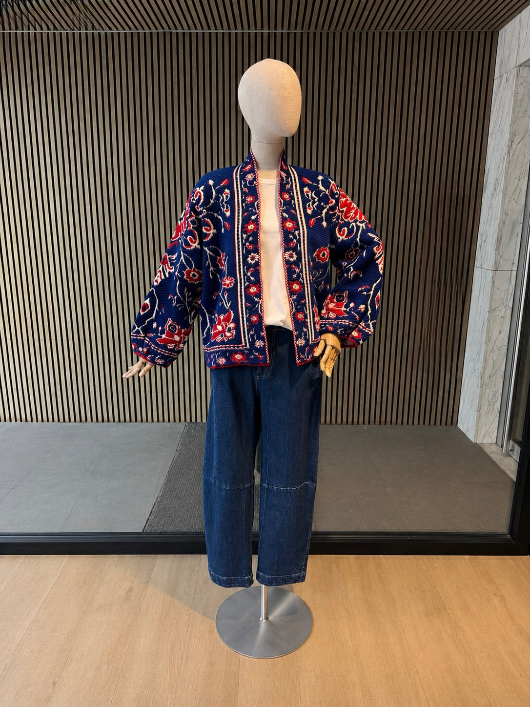 Women's Relaxed Fit Navy Blue Floral Embroidered Cardigan Jacket