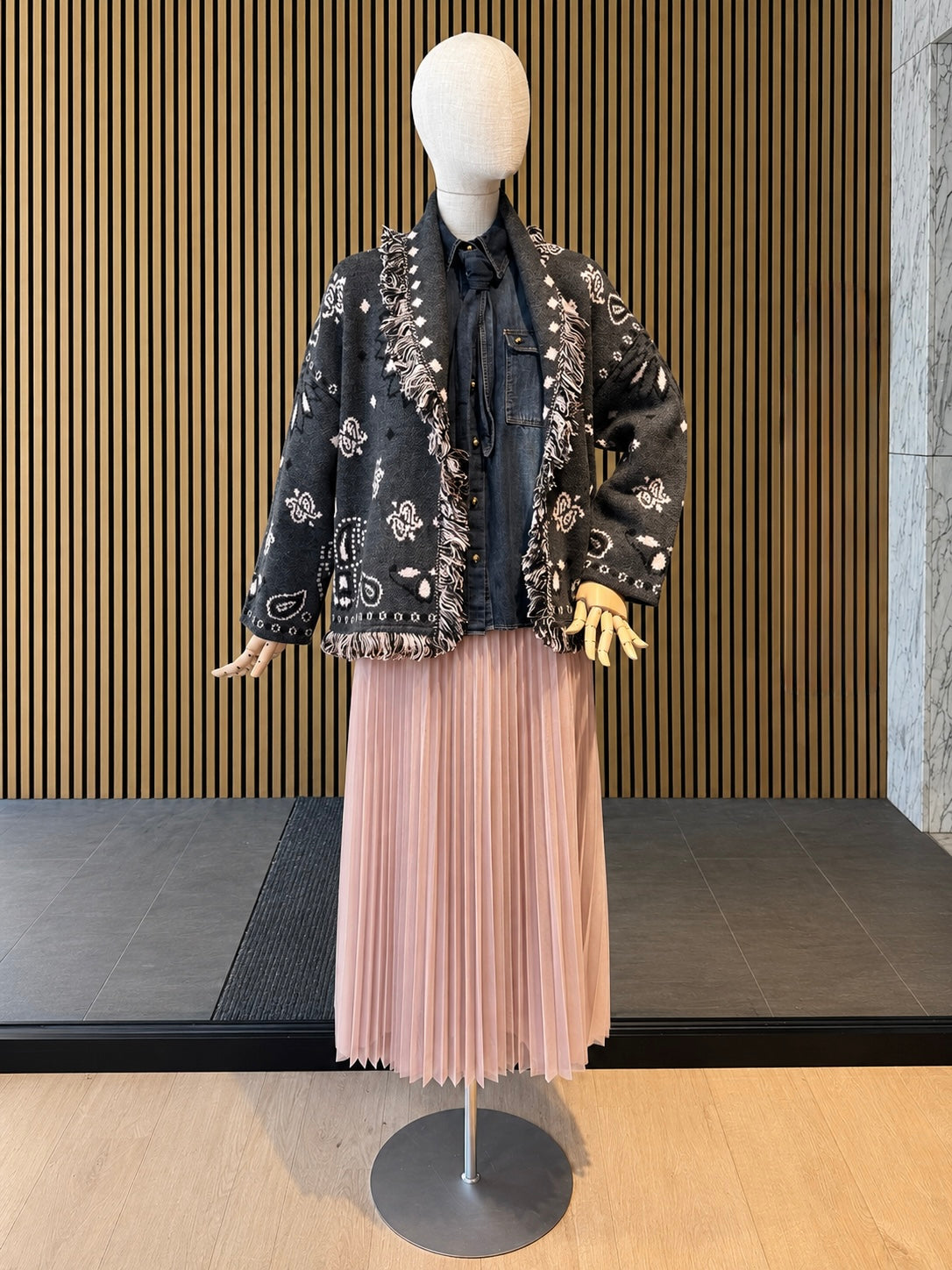 Charcoal With Pastel Pink Paisley Knit Cardigan With Fringe Trim