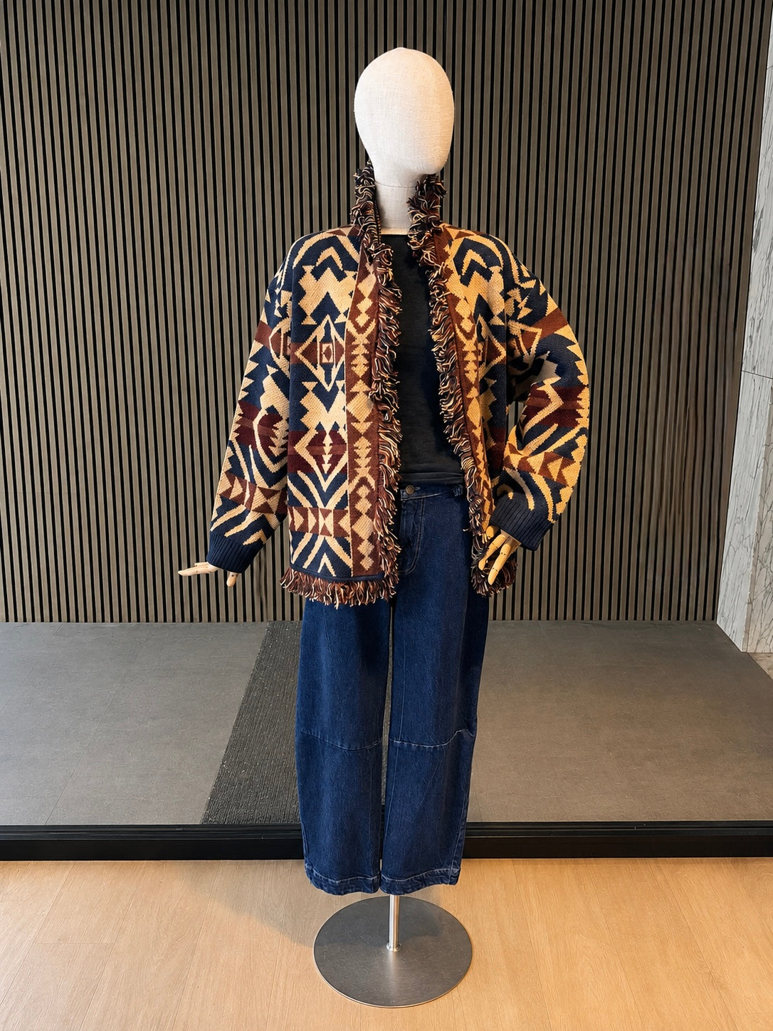 Geometric Fringe Knit Cardigan - Navy, Camel & Burgundy