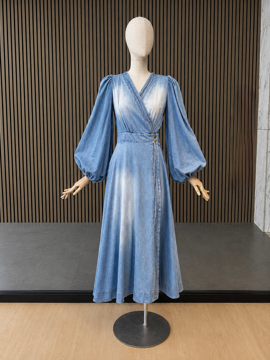 Women's Light Blue Denim Wrap Maxi Dress With Balloon Sleeves & Tie Belt