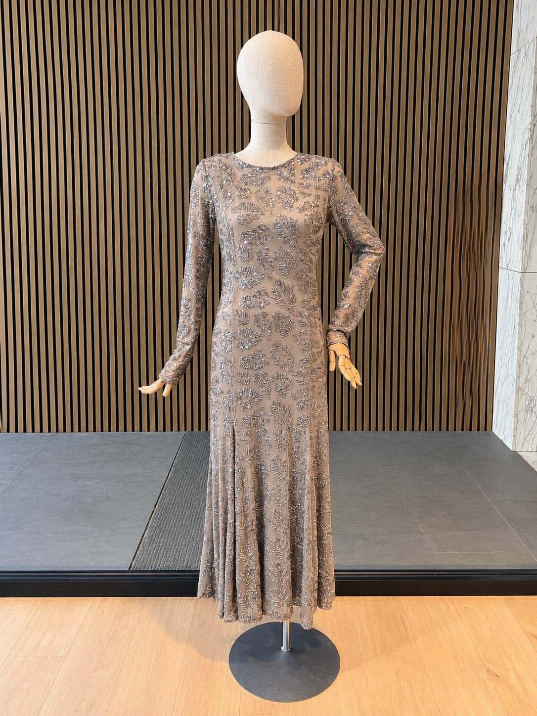 Silver Sequin Embellished Maxi Evening Dress With Sheer Long Sleeves - Party Dress