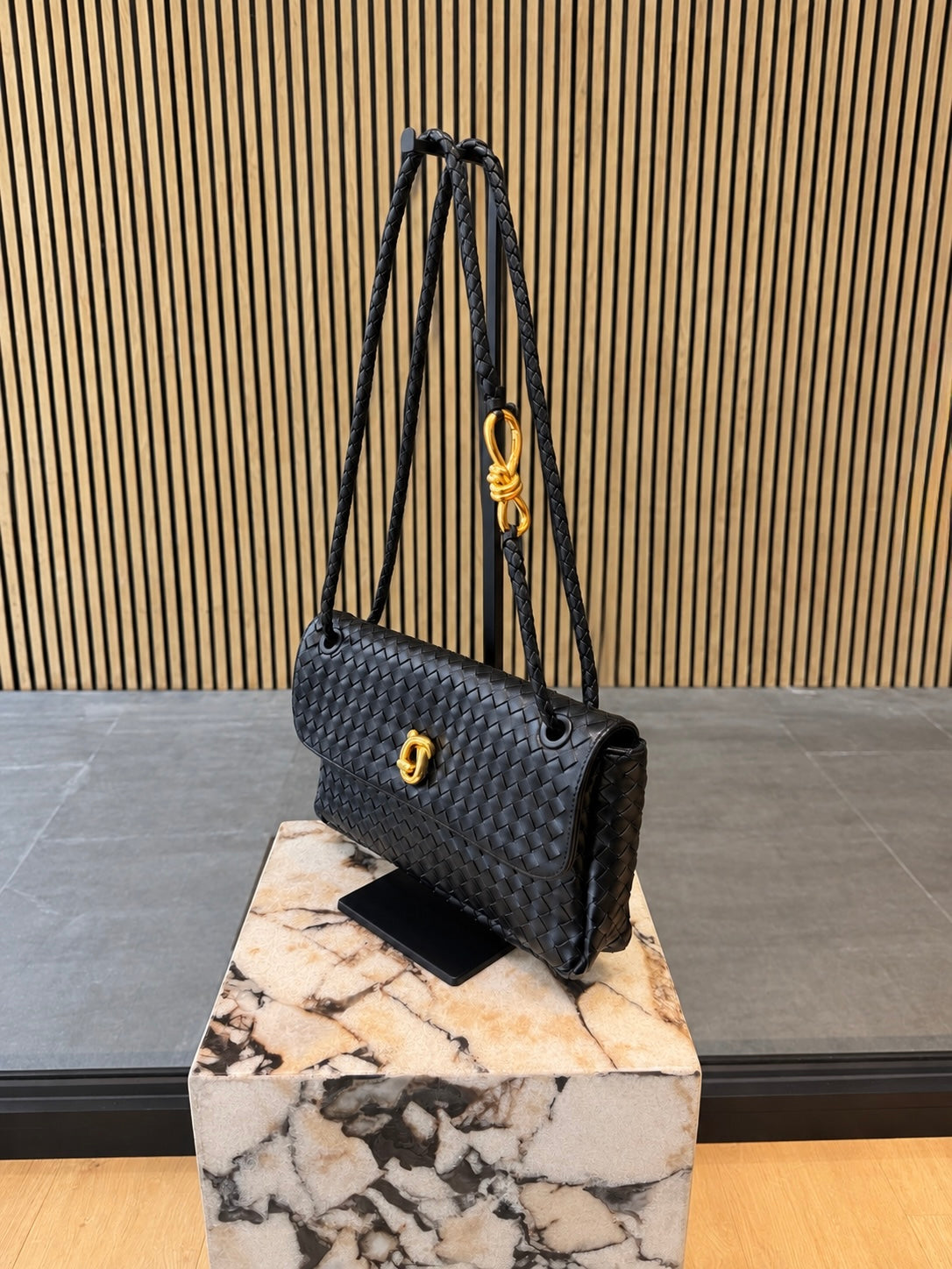 Black Woven Leather Shoulder Bag With Gold Hardware