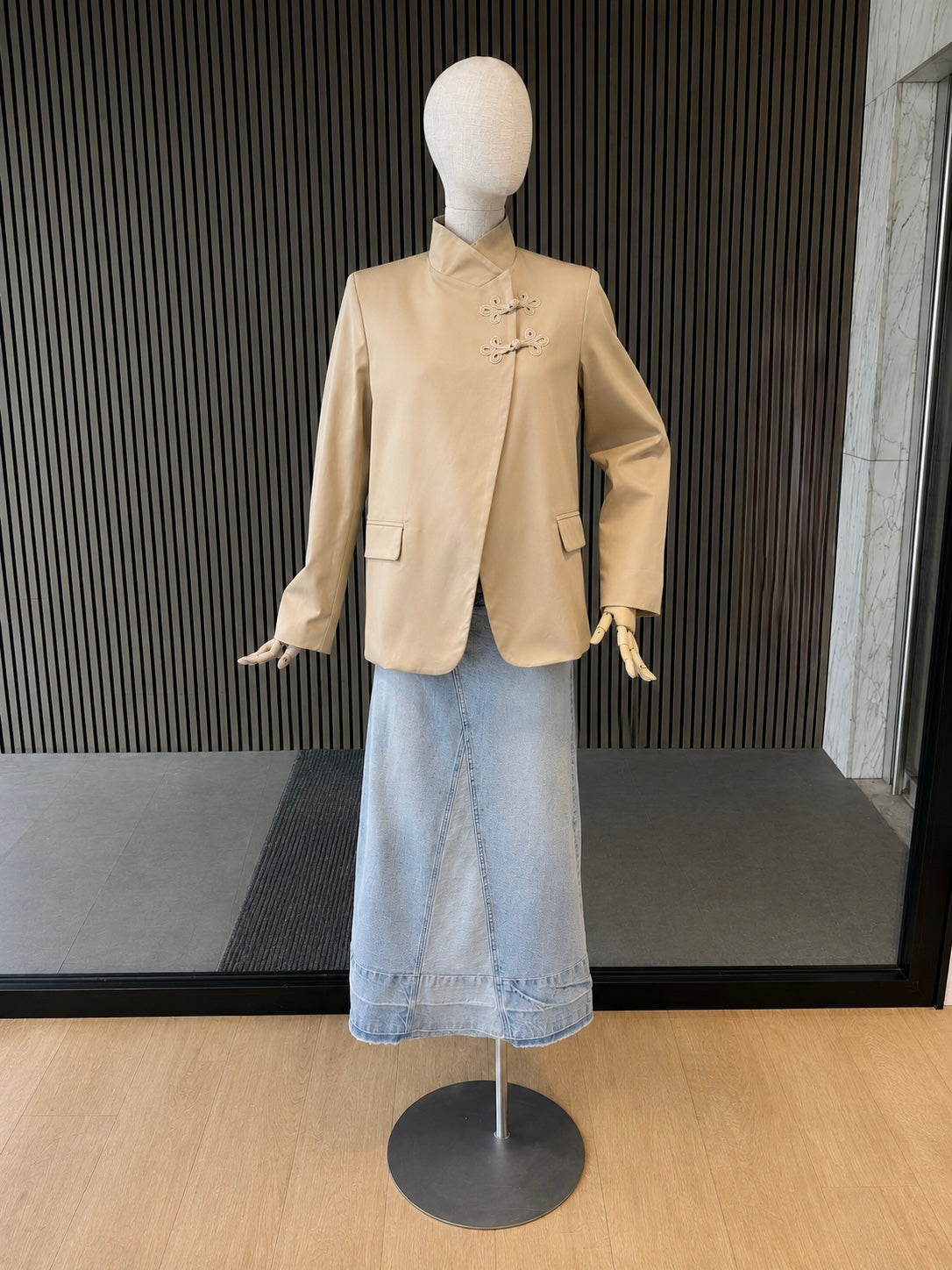 Beige Mandarin Collar Blazer With Knot Closures