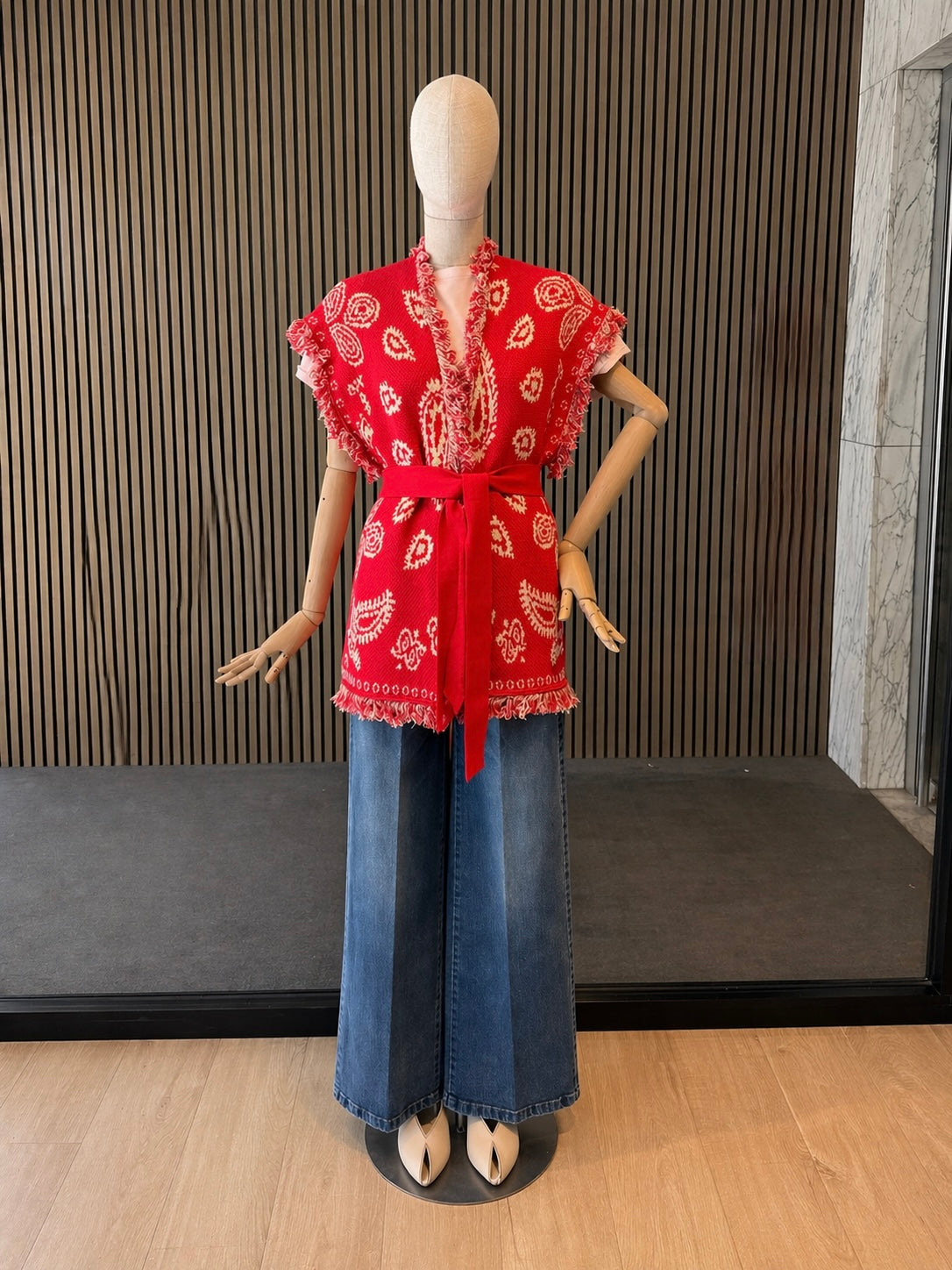 Red Belted Boho Knit Vest Cardigan - Fringe Relaxed Fit Statement Layer