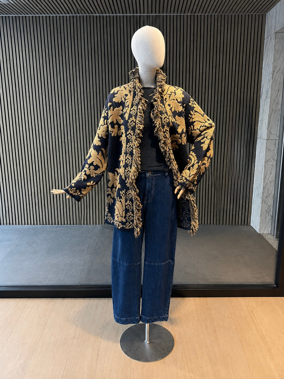 Women's Relaxed Fit Navy & Camel Baroque Jacquard Fringe Jacket