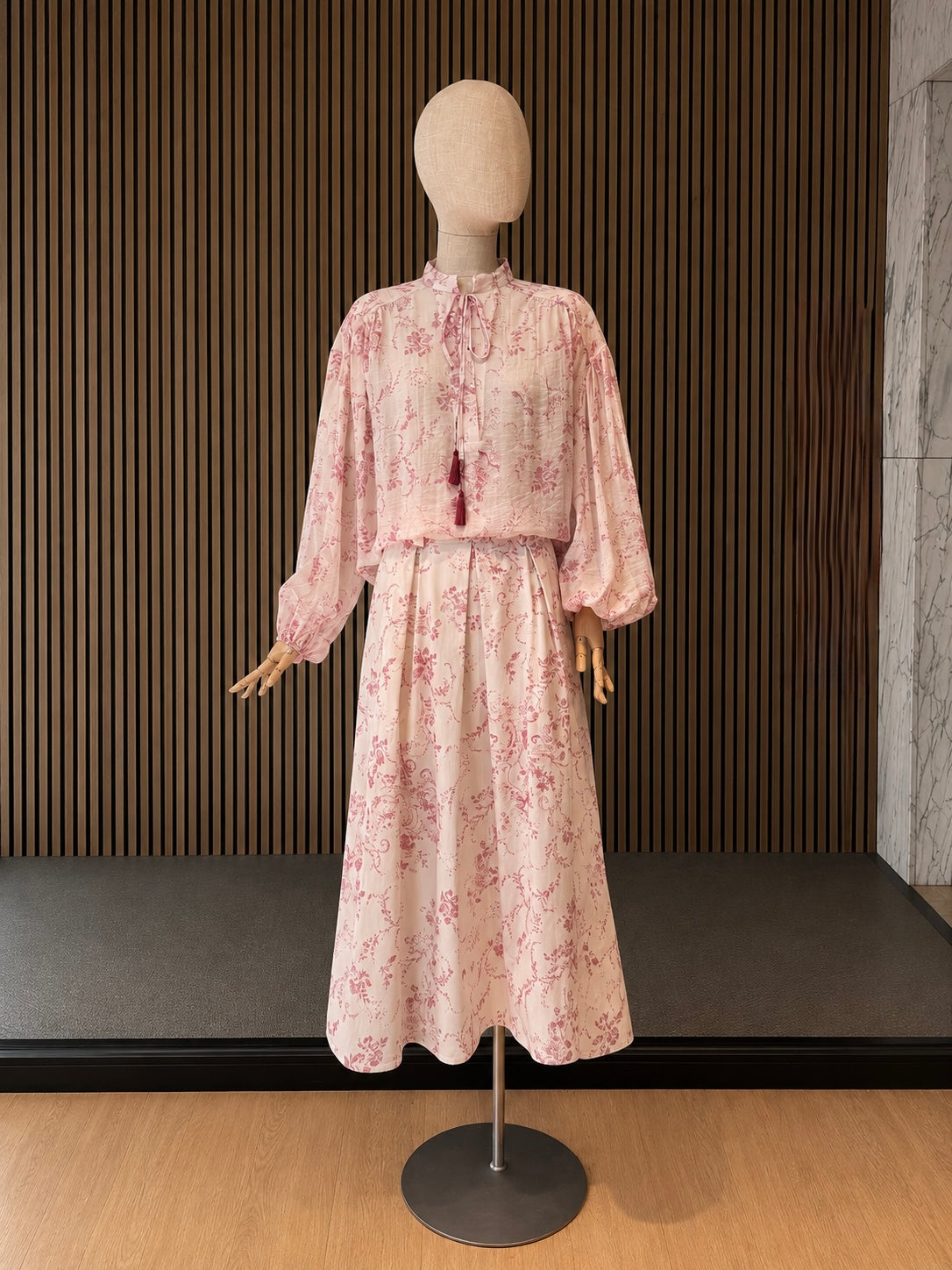 Pink Toile Print Tie-Neck Blouse - Romantic Long Sleeve Floral Top