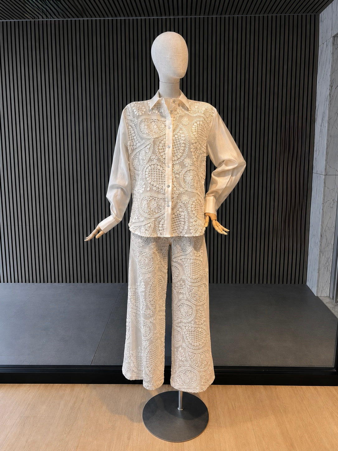 Cream Crochet Lace Wide-Leg Trousers With Brown Tie Belt - Elegant Women's Pants