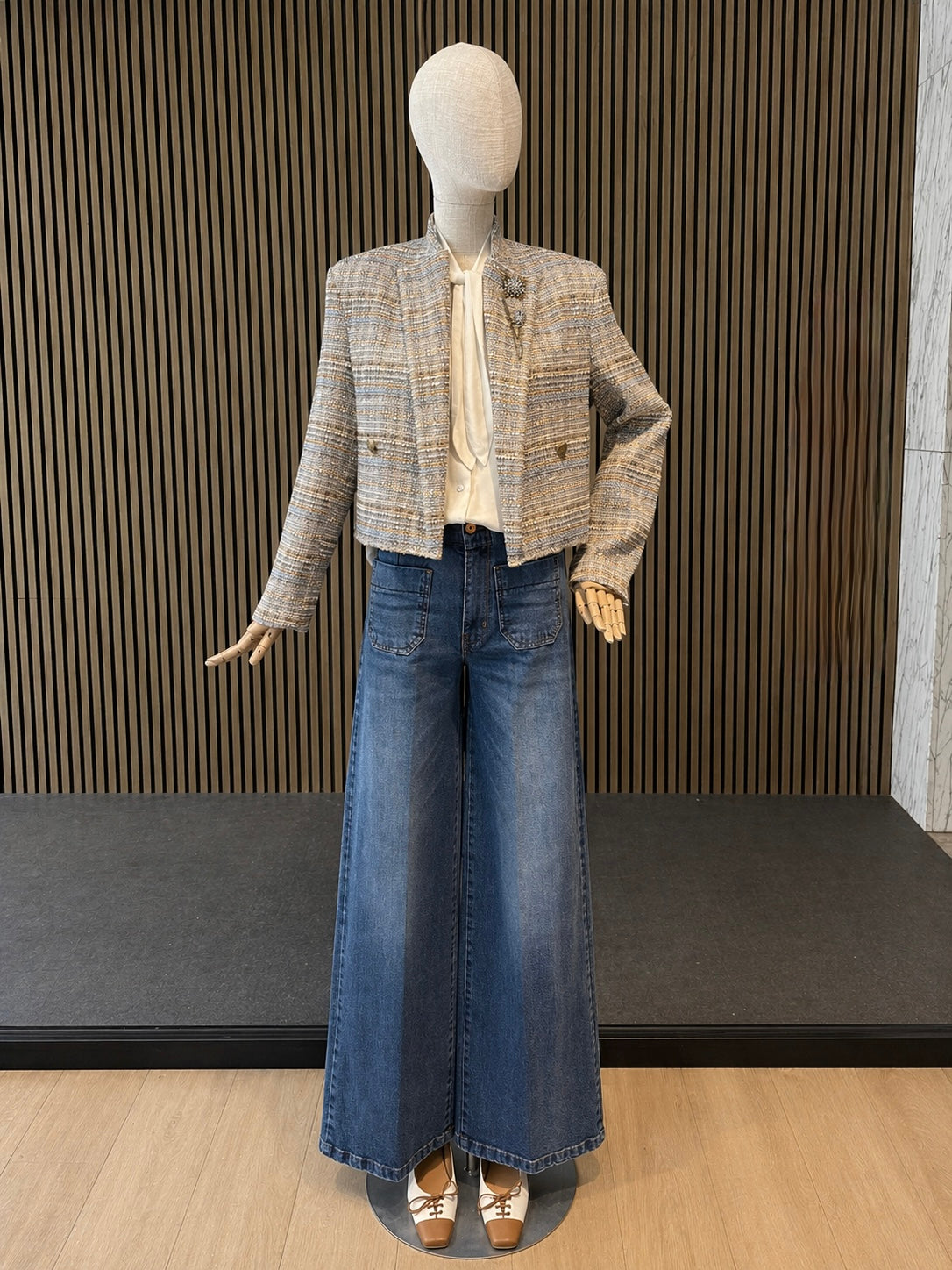Luxury Tweed Cropped Jacket - Cream, Blue & Gold Textured Blazer