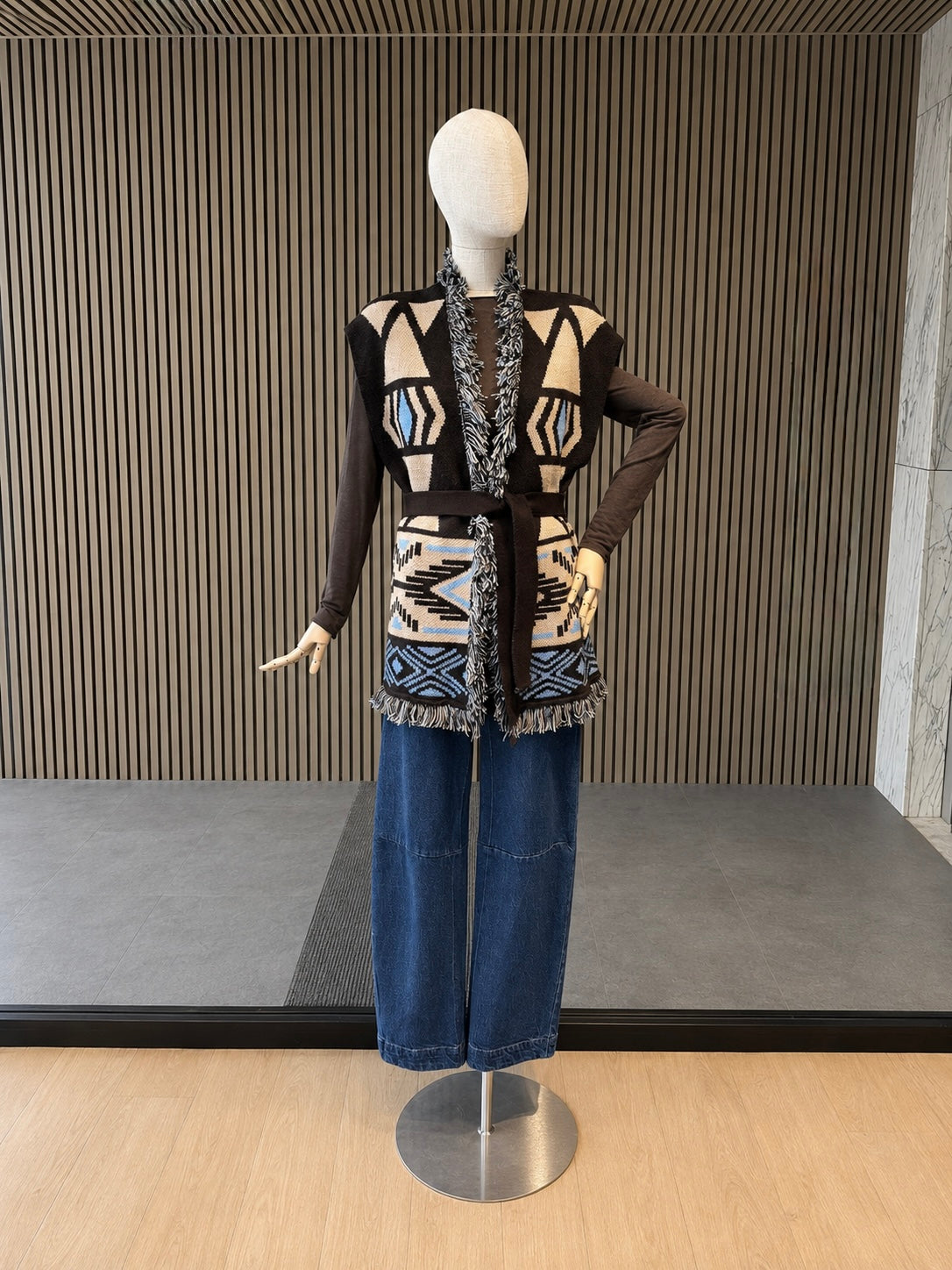 Women's Geometric Knit Belted Vest With Fringe - Brown & Blue