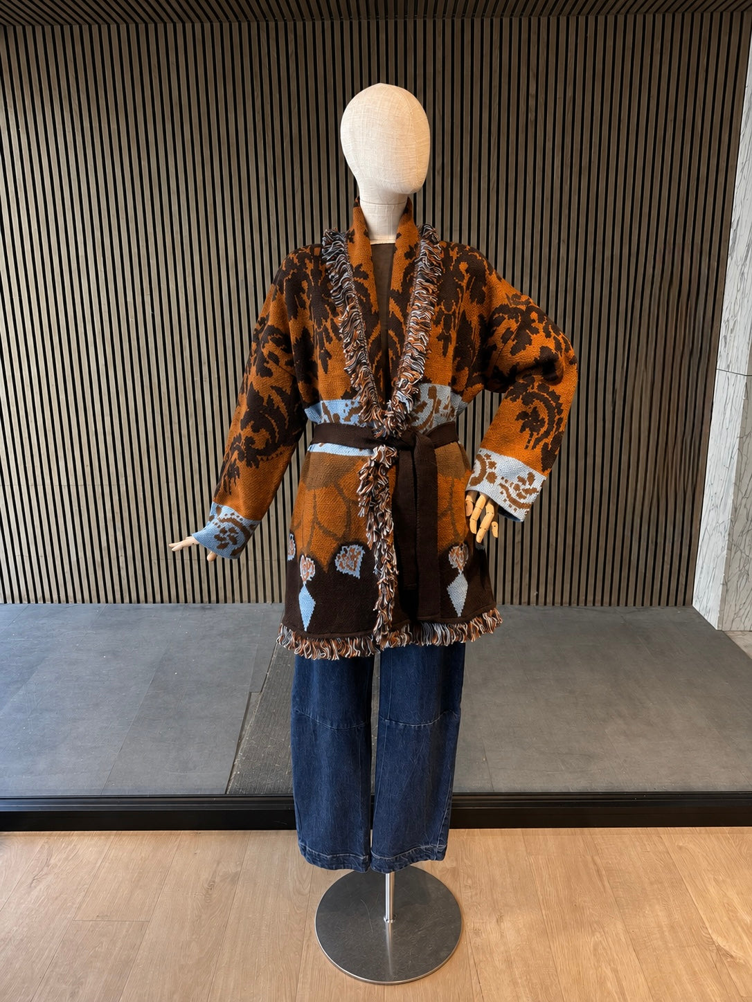 Women's Rust Brown Jacquard Knit Cardigan With Belt & Fringe