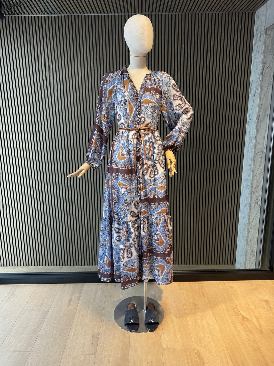 Bohemian Paisley Maxi Dress - Long Sleeve Belted Flowy Dress in Blue & Brown